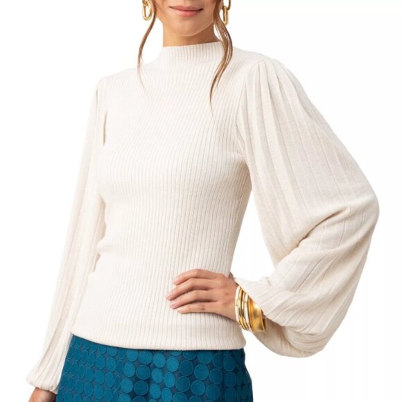 Trina Turk 'Glossy' Balloon-Sleeve Ribbed Pullover Sweater, Cream - Picture 1 of 4